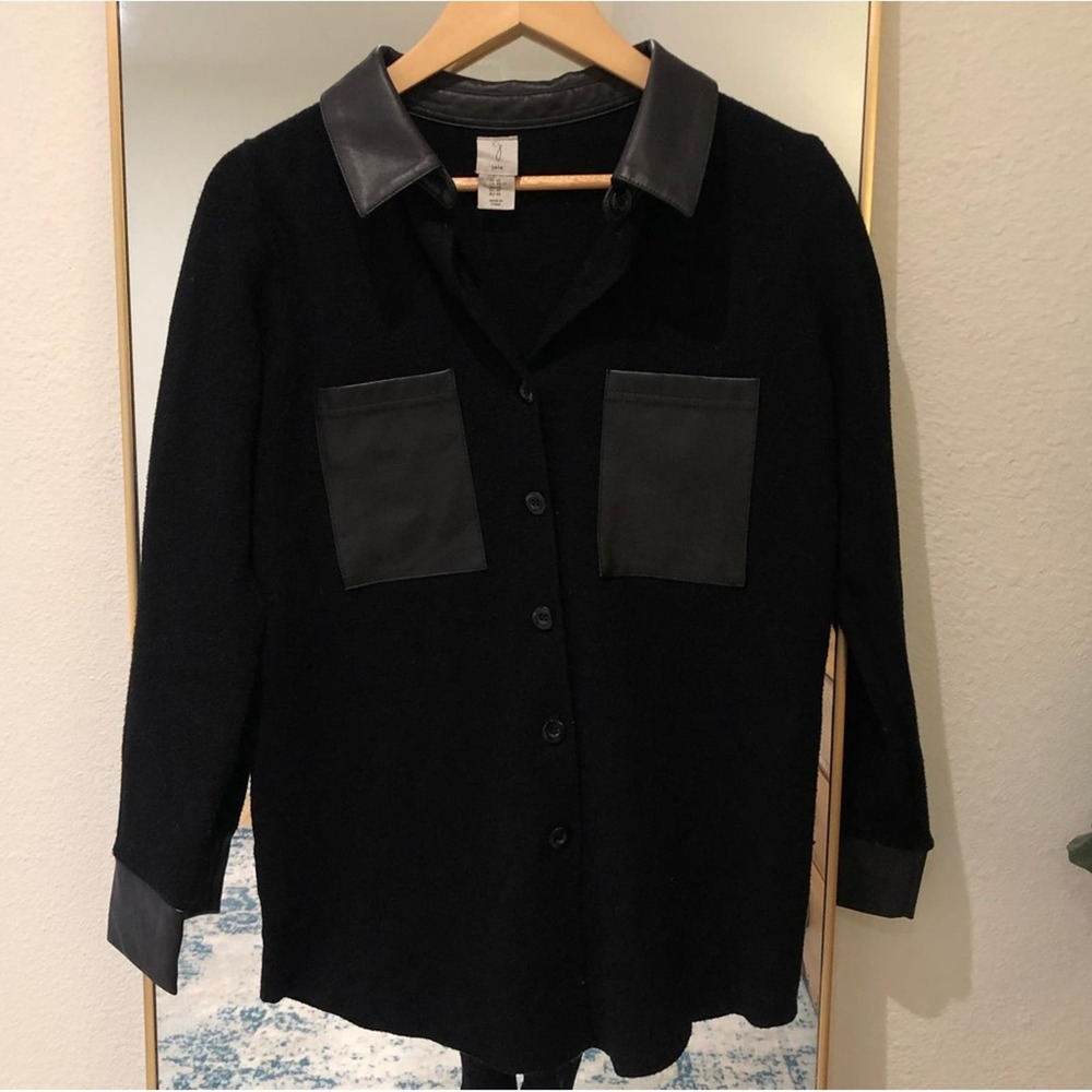 J by JOIE Black Knit Shacket Utility Jacket Top Leather Trim Detail XS